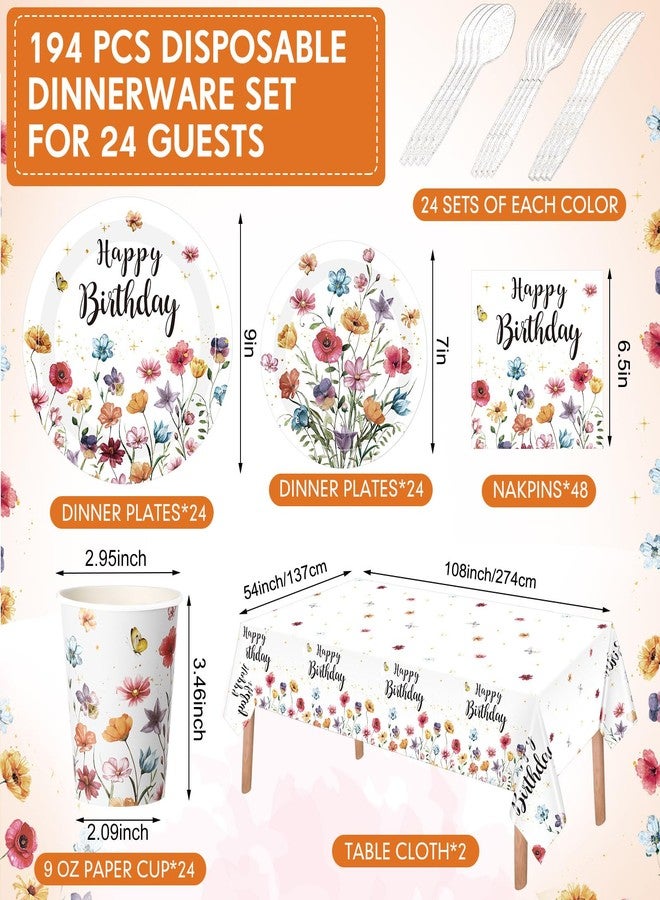 Pickmesh 194 Pcs Wildflower Birthday Party Decorations Spring Floral Tableware Set for 24 Guests Wildflower Birthday Paper Plates and Napkins Cups Tablecloth Cutlery for Women Flower Party Supplies - Image 2